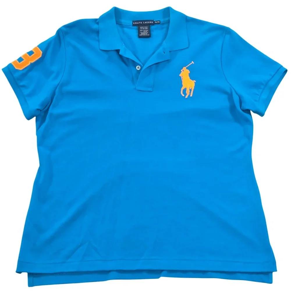 Ralph Lauren Polo‎ Shirt Youth XL Blue Orange Big Pony Rugby # 3